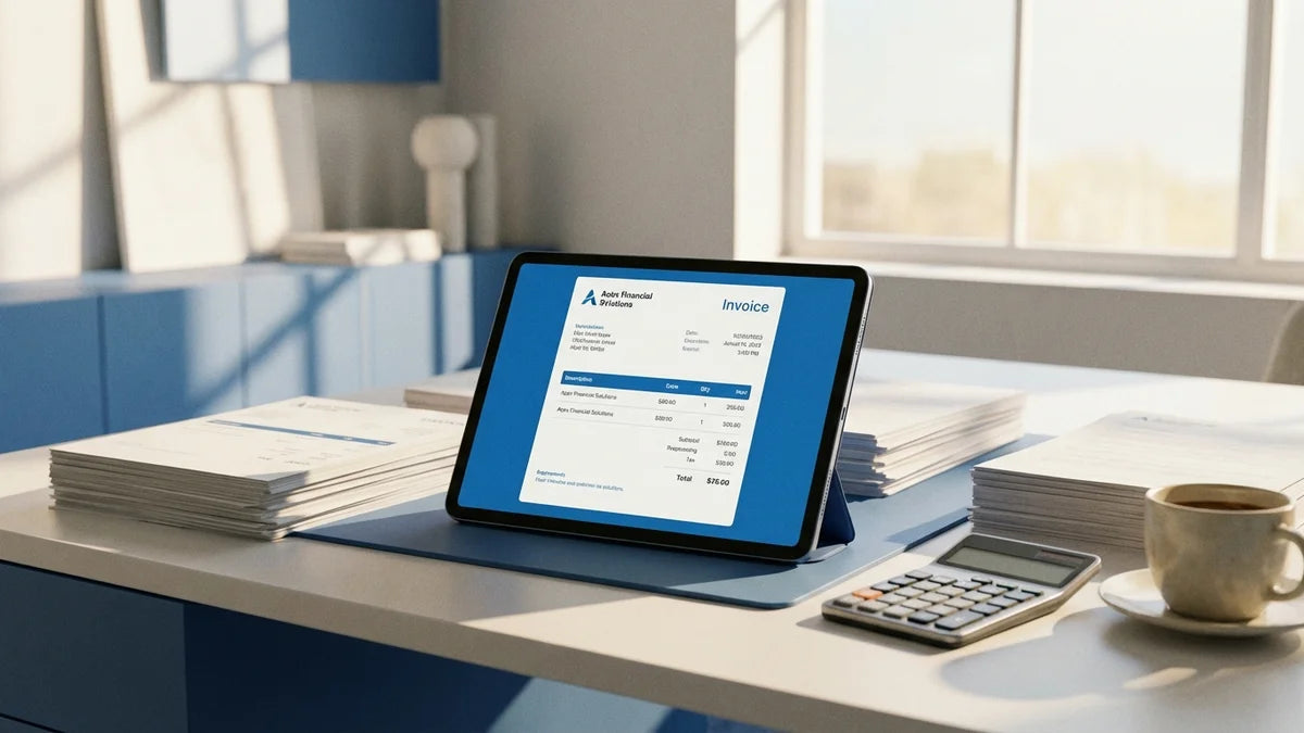 Espace de travail moderne avec tablette affichant une interface de facturation numérique