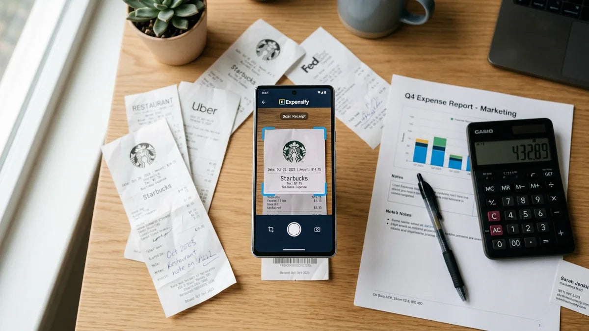 Smartphone affichant interface de numérisation de reçus avec documents de frais professionnels et calculatrice
