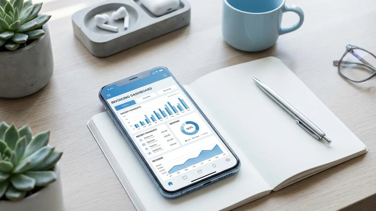 Smartphone affichant un tableau de bord d'application facturation avec graphiques et données financières organisées
