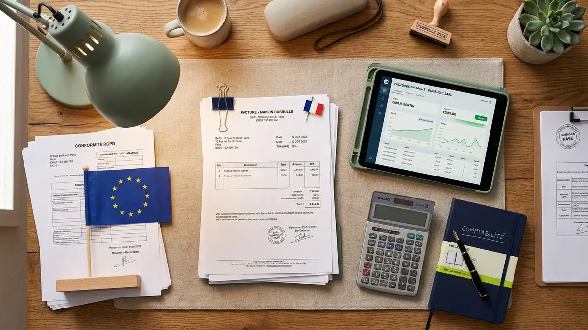 Bureau de commerçant avec factures, calculatrice et logiciel de facturation Shopify sur tablette