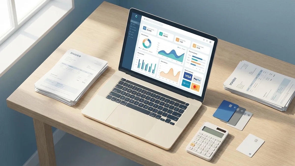 Logiciel de comptabilité avec tableau de bord analytique, factures et cartes de paiement sur bureau