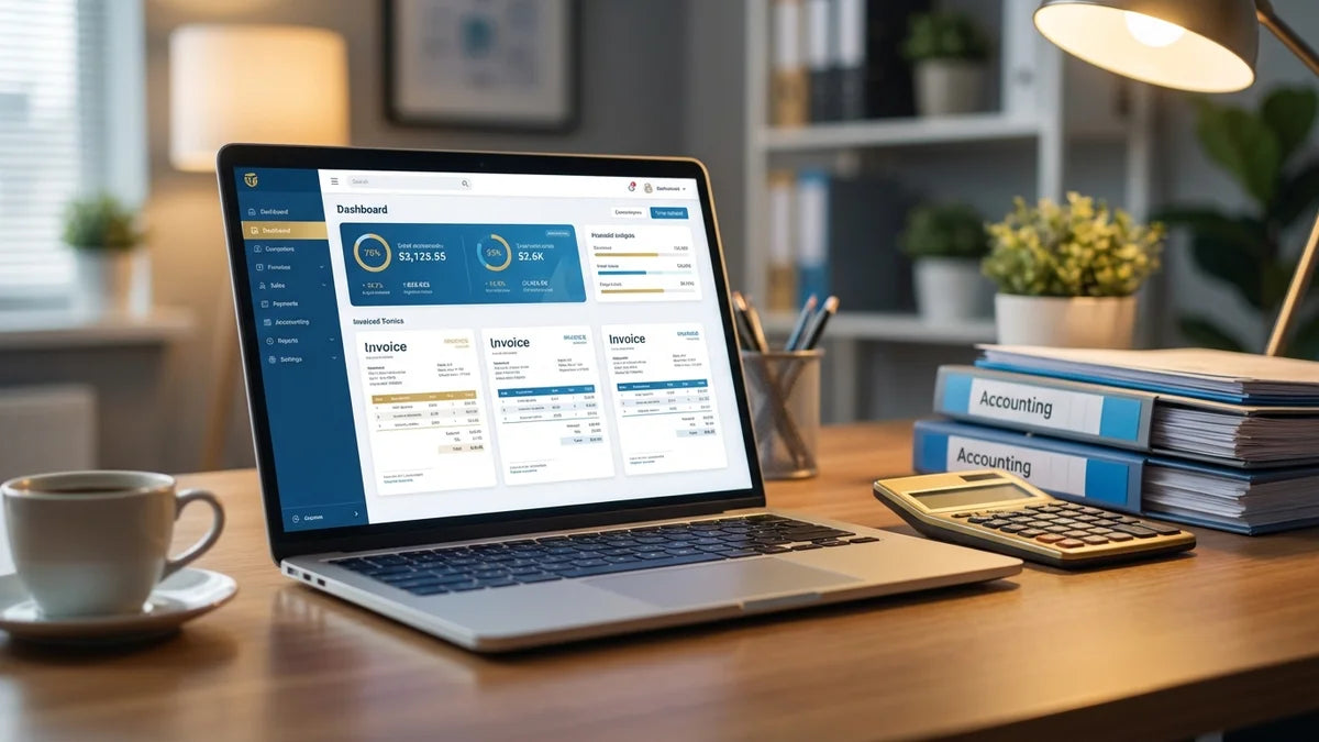 Logiciel facturation Shopify affichant tableau de bord financier sur ordinateur portable professionnel avec documents comptables