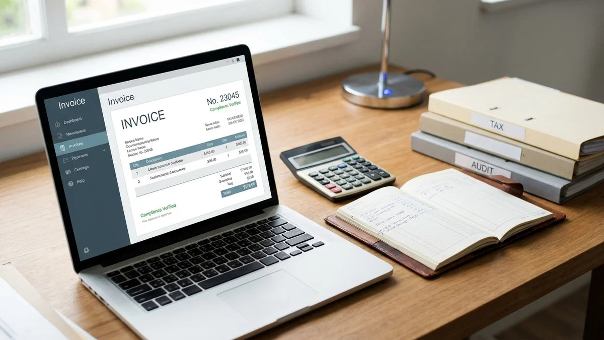 Facture numérique conforme Shopify affichée sur laptop avec calculatrice et dossiers comptables organisés