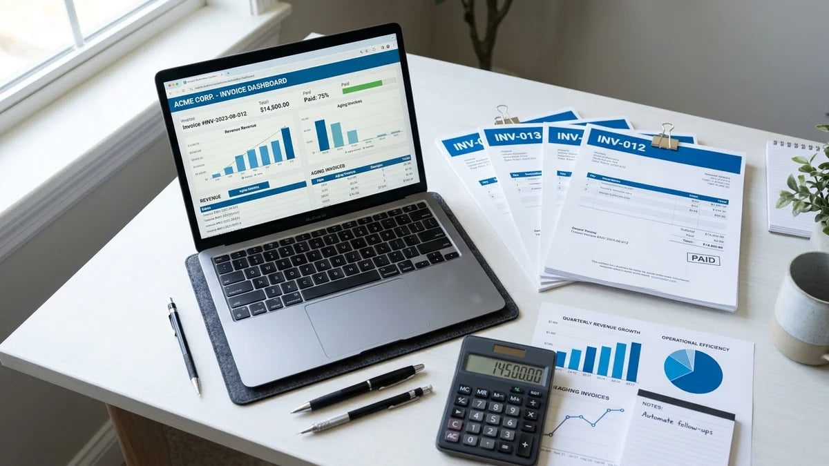 Dashboard de facturation automatisée Shopify avec documents numérotés, calculatrice et graphiques sur bureau