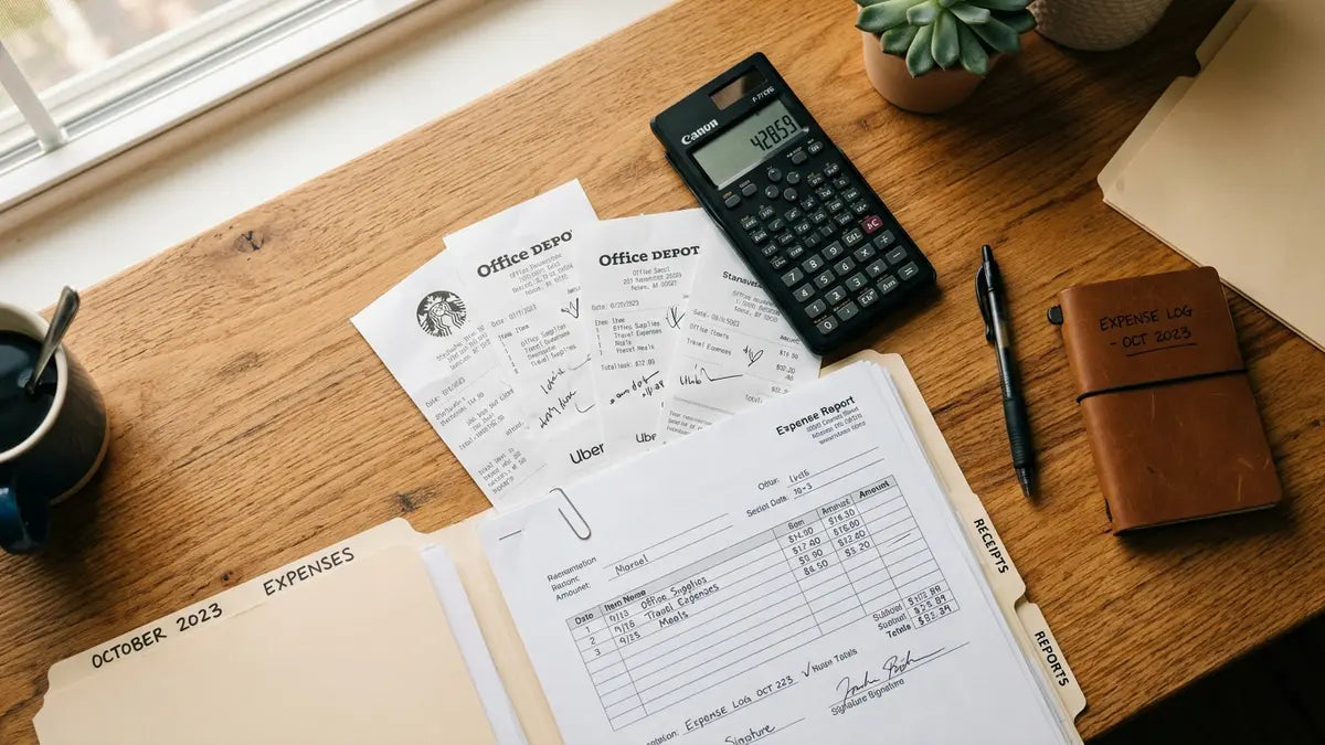 Documentation notes de frais salariés avec reçus, calculatrice et fichiers comptables sur bureau