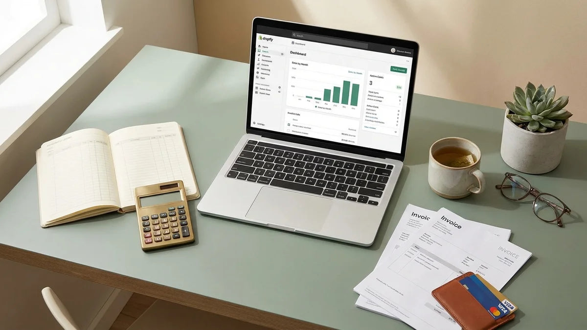 Bureau avec tableau de bord Shopify, calculatrice et factures pour gérer la comptabilité en ligne