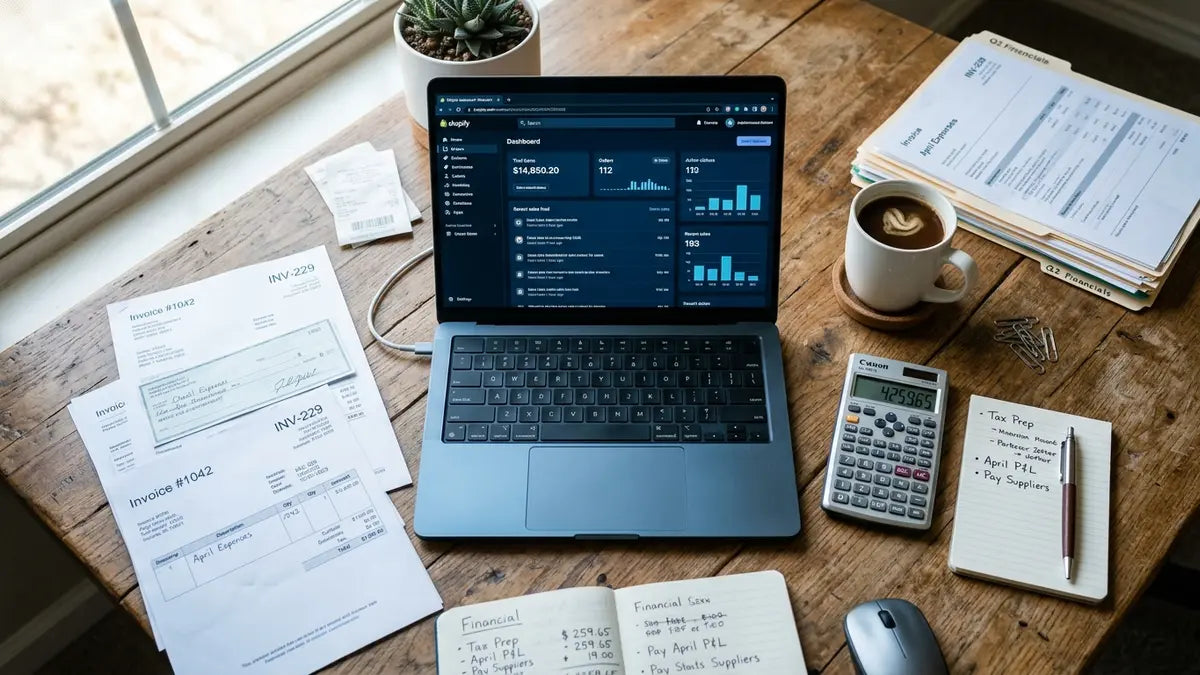 Tableau de bord Shopify avec factures et documents comptables sur un bureau organisé