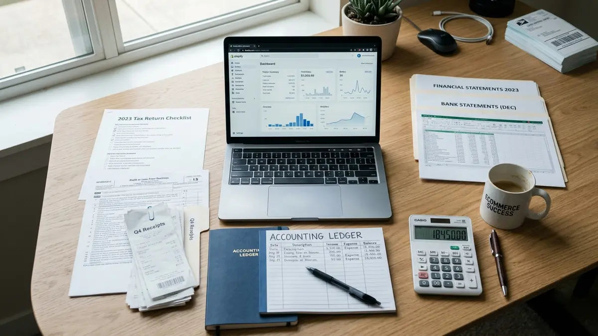 Espace de travail e-commerce avec tableau de bord Shopify, calculatrice et documents de TVA pour la déclaration mensuelle