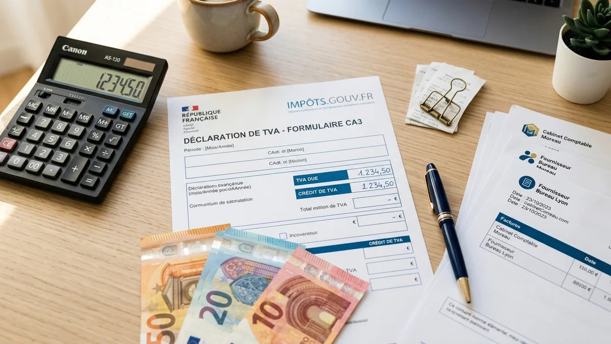Formulaire TVA CA3 avec calculatrice, factures et euros sur bureau professionnel