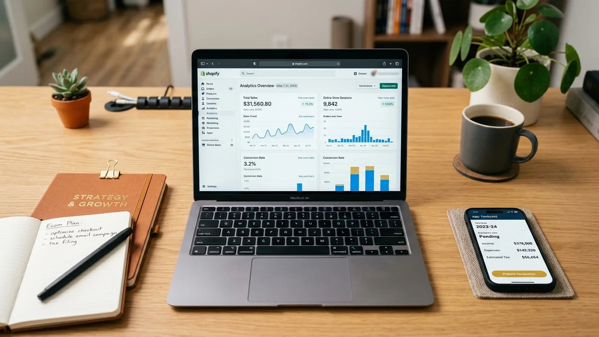 Tableau de bord Shopify avec déclaration TVA automatisée sur laptop et smartphone au bureau