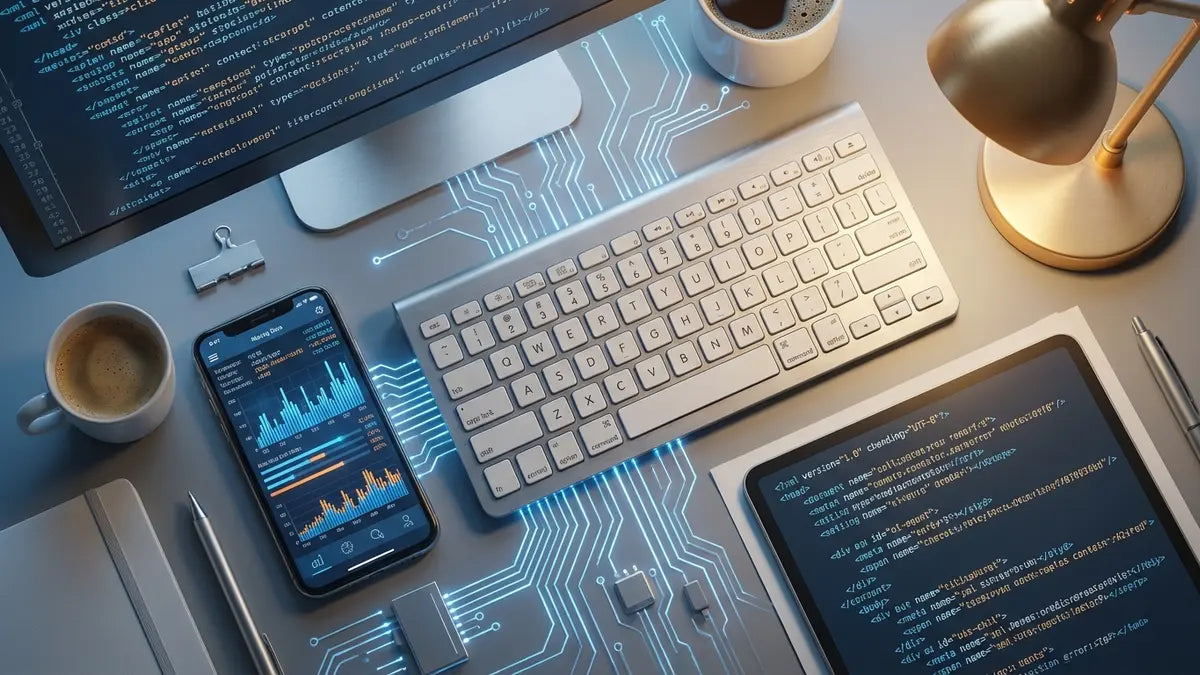 Espace de travail numérique avec clavier, smartphone et code XML pour la facturation électronique obligatoire 2026