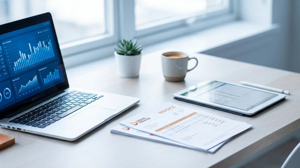 Facture électronique Factur-X sur écran d'ordinateur avec documents papier au bureau