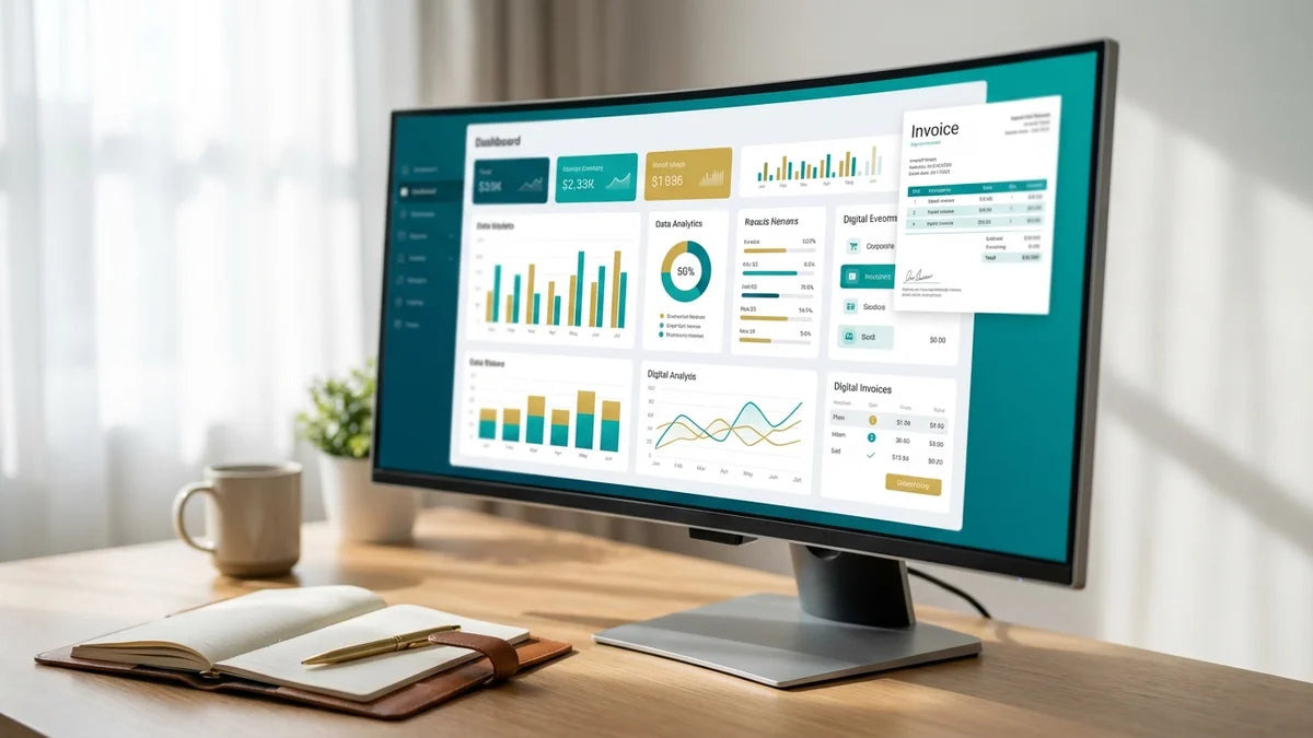 Dashboard Shopify avec données de facturation automatisée et analytics sur écran d'ordinateur