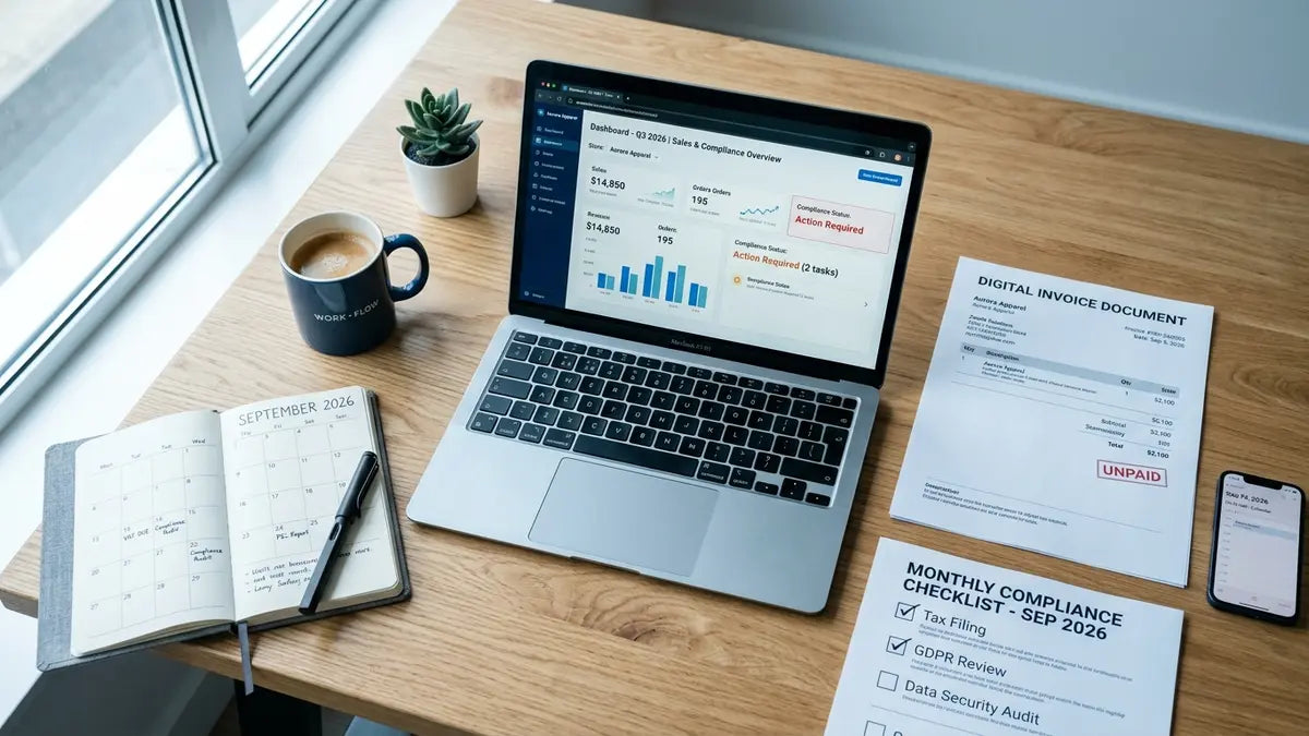 Tableau de bord Shopify facturation électronique 2026 avec checklist de conformité et calendrier septembre