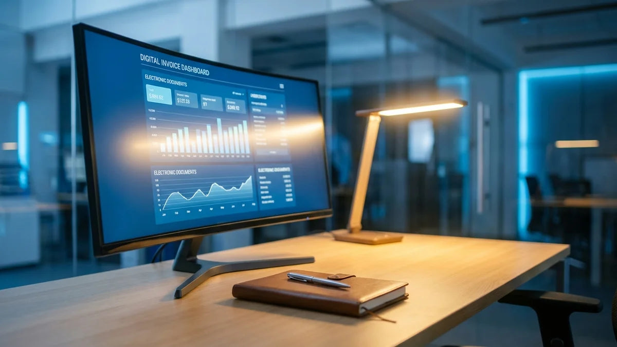 Ordinateur affichant factures électroniques et documents numériques pour la transformation digitale