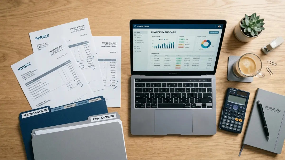 Gestion factures fournisseurs : espace de travail organisé avec documents PDF, tableau de bord numérique et outils administratifs