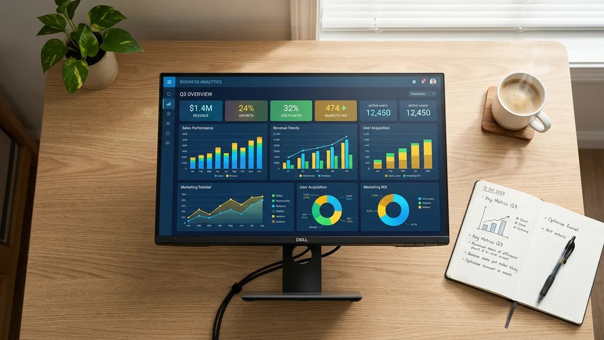 Tableau de bord e-commerce Shopify affichant métriques et graphiques colorés sur écran moderne au bureau