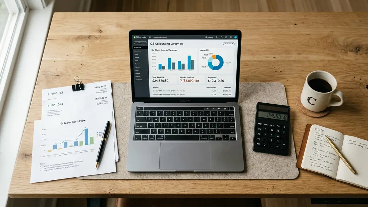 Comparatif logiciel comptable e-commerce sur écran d'ordinateur avec documents financiers et calculatrice