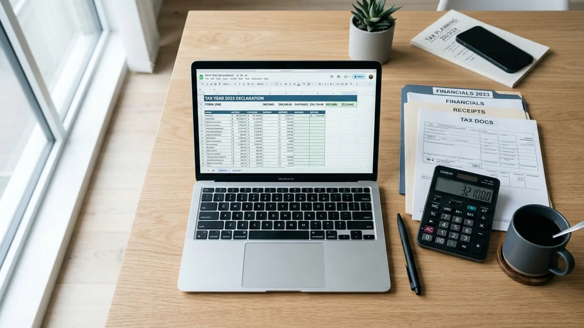 Logiciel déclaration TVA Shopify avec documents financiers sur bureau professionnel