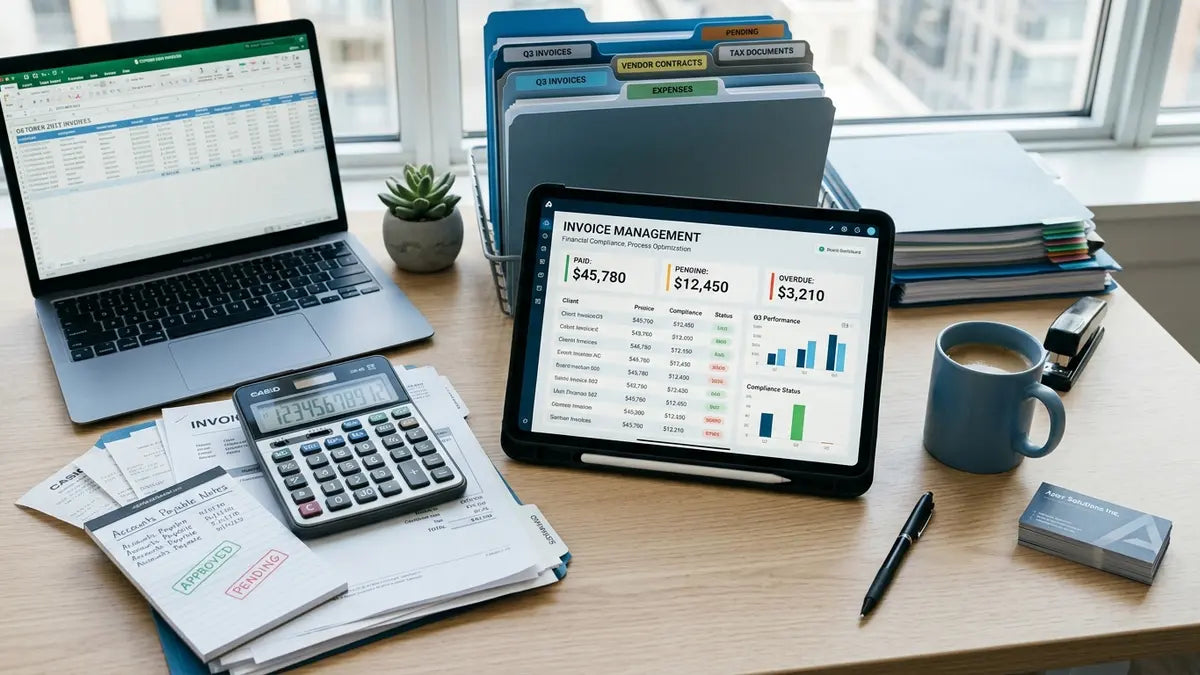 Espace de travail avec outils de gestion de factures fournisseurs et documents financiers organisés