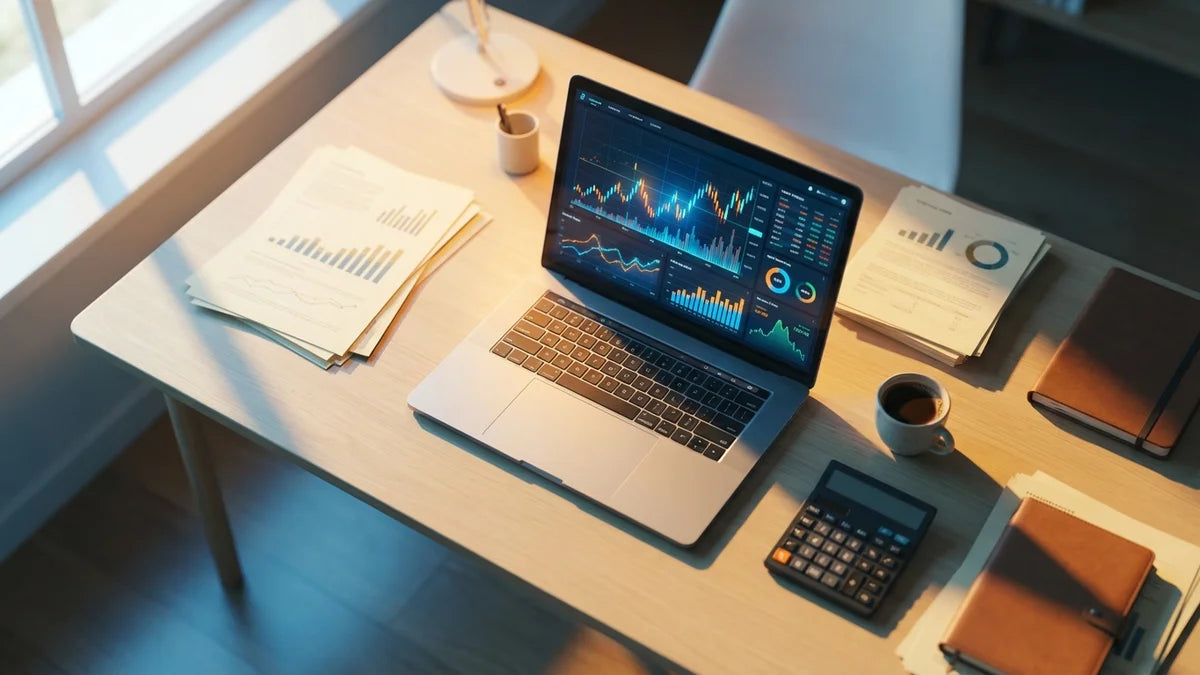 Tableau de bord comptable Shopify avec graphiques financiers sur laptop et documents