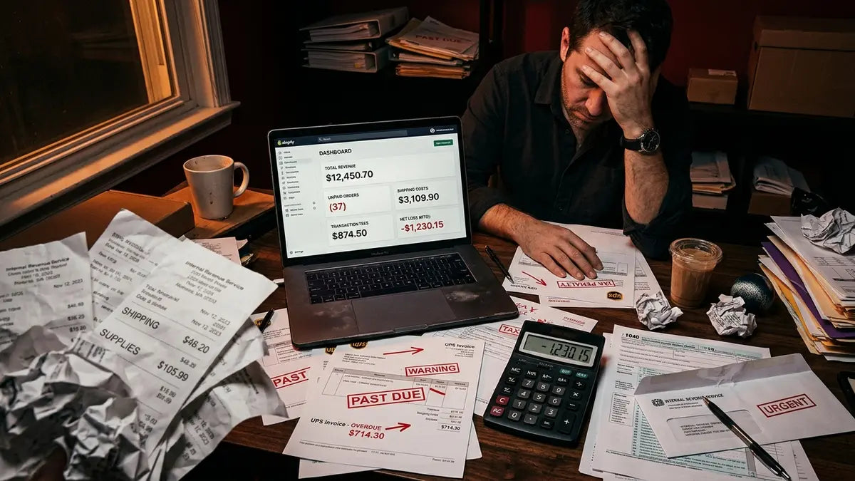 Entrepreneur e-commerce inquiet face à ses factures Shopify, documents éparpillés et avertissements de coûts cachés