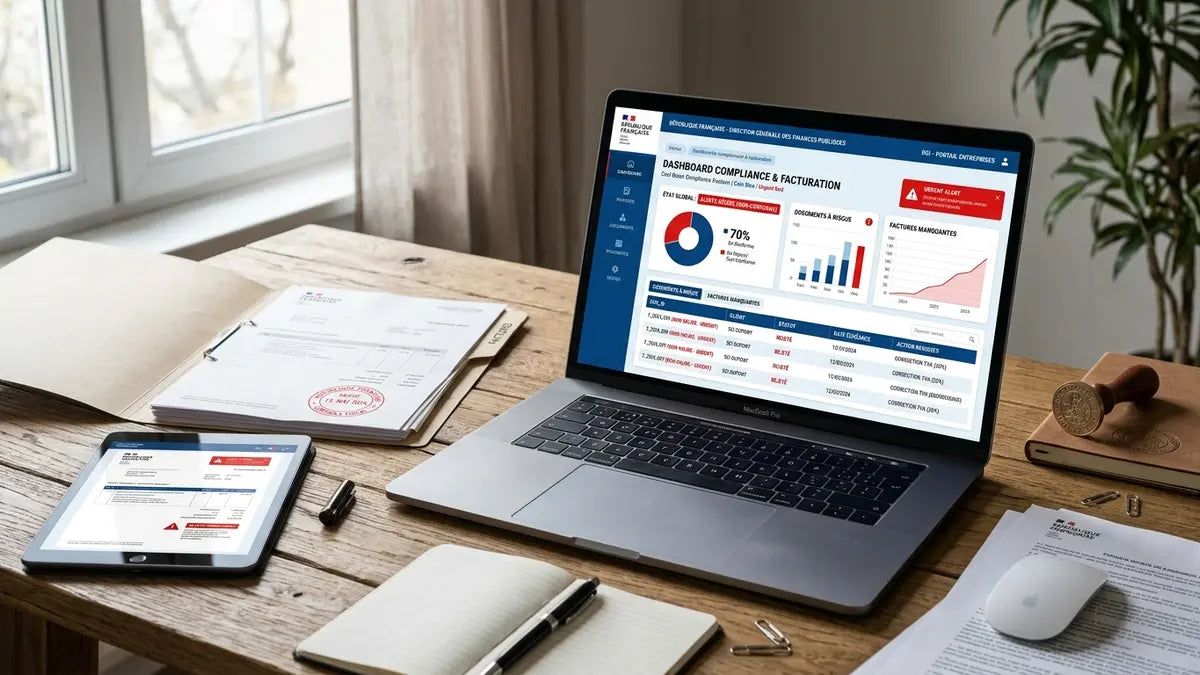Tableau de bord de conformité fiscale Shopify 2026 avec alertes et documents de facturation officiels