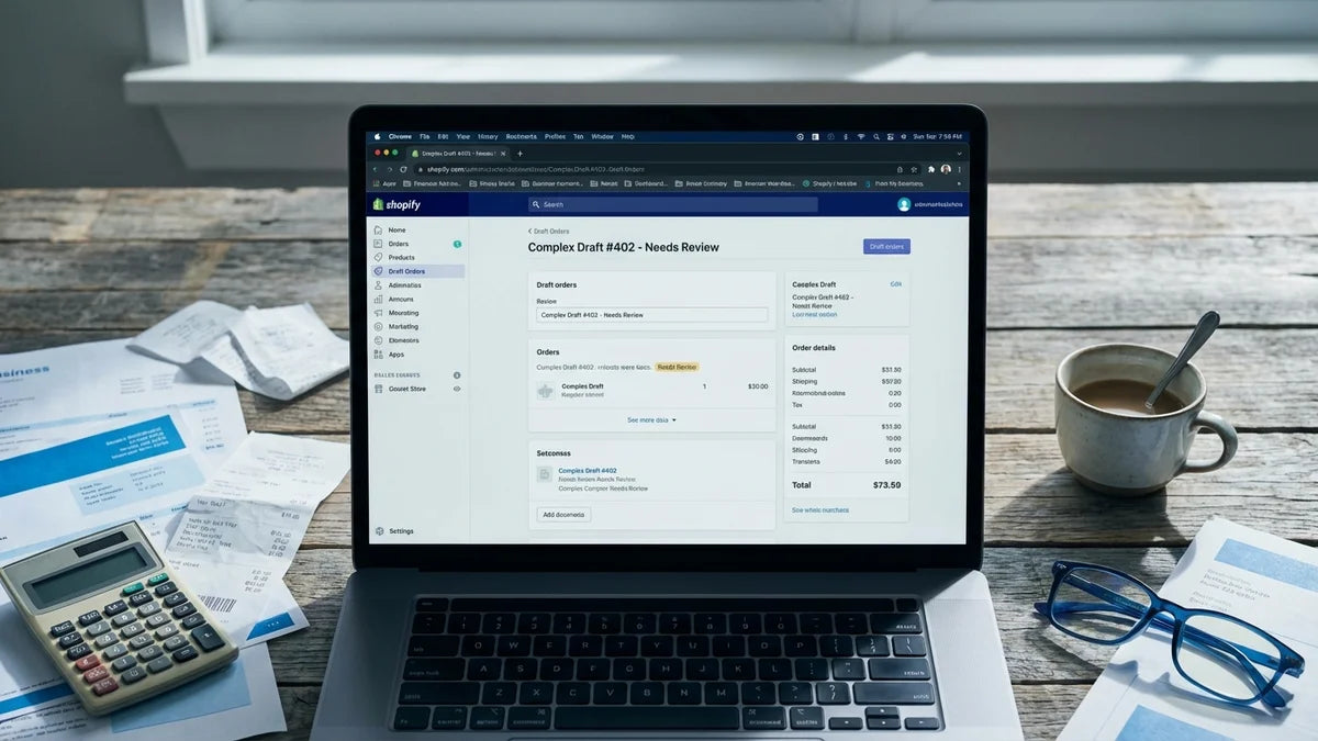 Interface Shopify affichant la création de devis sur un ordinateur portable avec documents professionnels