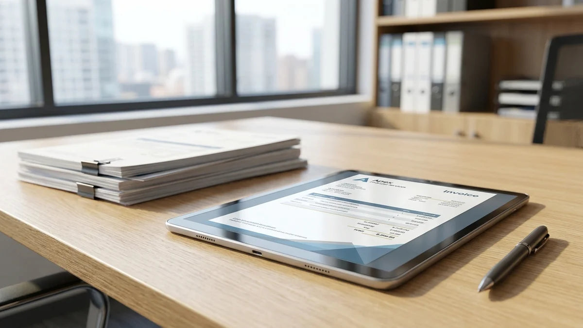 Facture électronique sur tablette avec documents papier symbolisant la réforme 2026 e-commerce