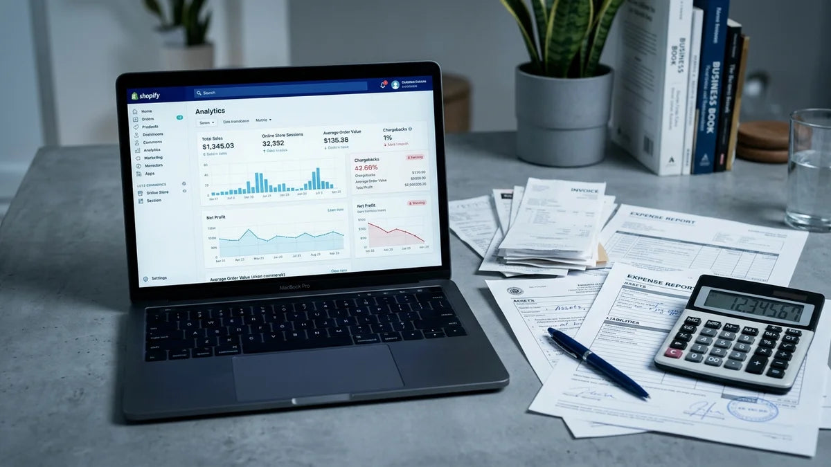 Tableau de bord Shopify avec documents comptables, calculator et stylo sur bureau illustrant différence entre métriques et comptabilité réelle