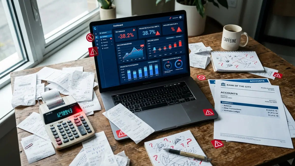 Tableau de bord Shopify avec métriques confuses et relevé bancaire contrastant, concept d'écart de données e-commerce