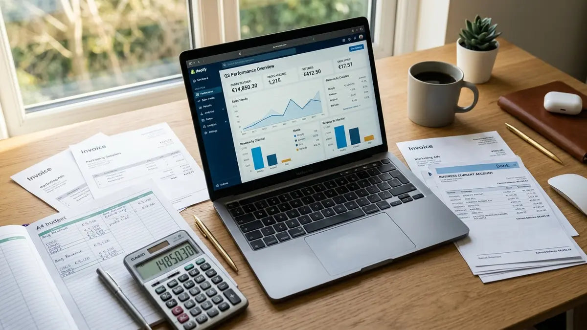 Tableau de bord financier Shopify avec graphiques, factures et calculatrice pour suivi de trésorerie e-commerce
