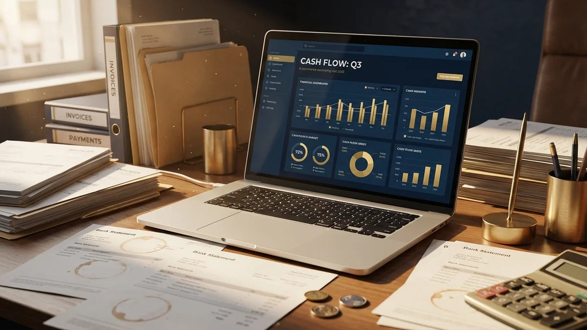 Tableau de bord financier e-commerce avec graphiques de trésorerie, factures et relevés bancaires sur un bureau professionnel