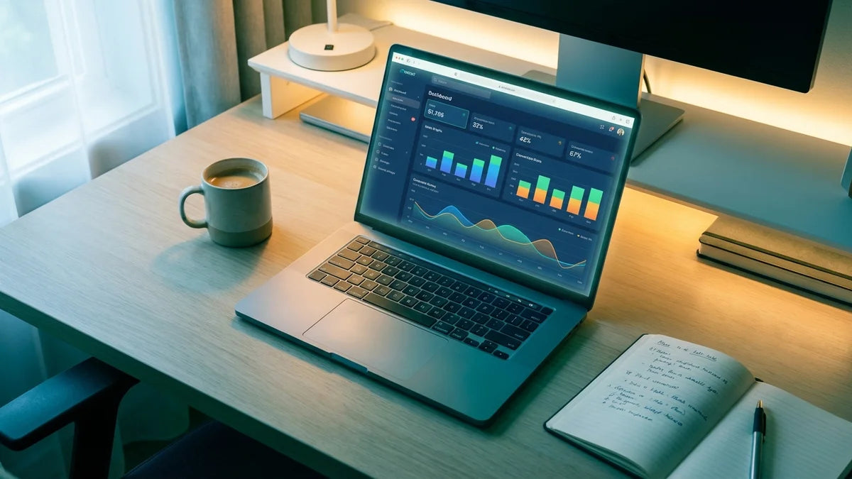 Tableau de bord Shopify avec graphiques analytiques en temps réel sur un écran de laptop