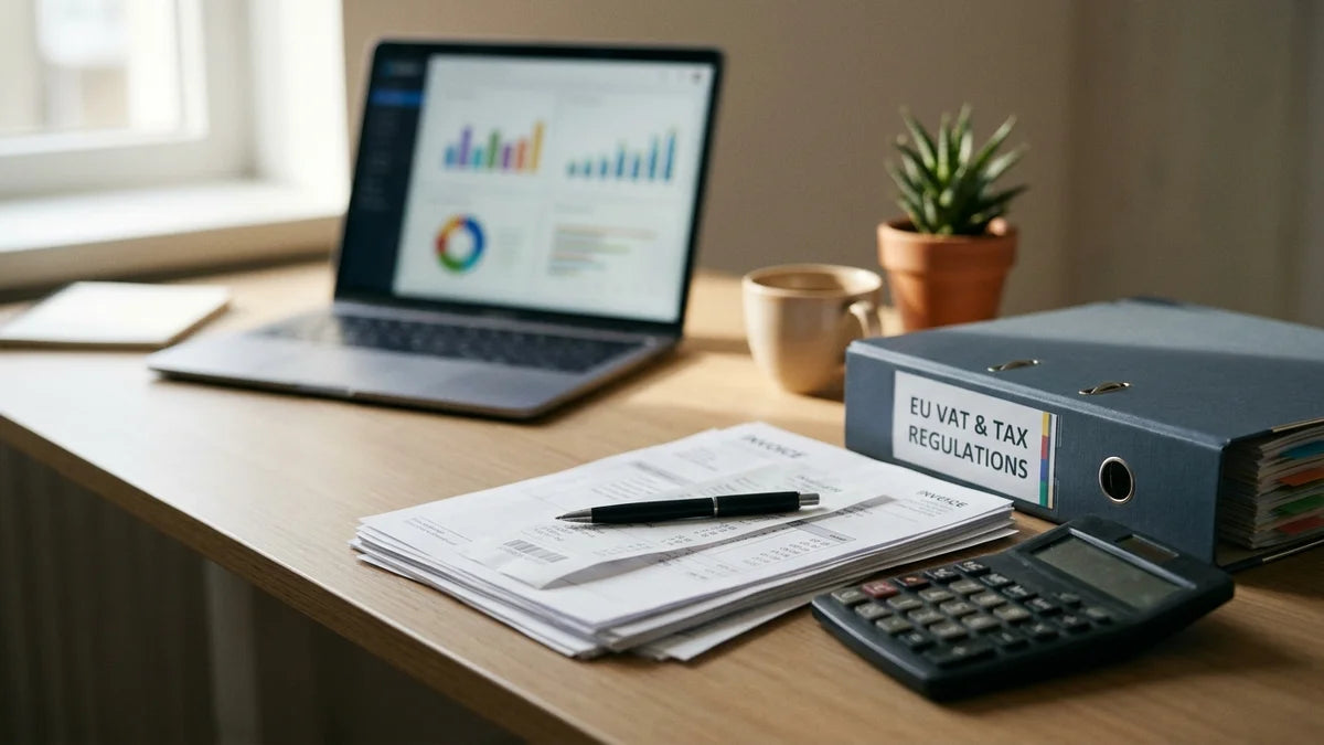 Bureau e-commerce avec ordinateur, factures, calculatrice et classeur fiscal européen pour vérifier la TVA Shopify