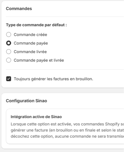 Onglet paramètres Facturii pour activer l'automatisation