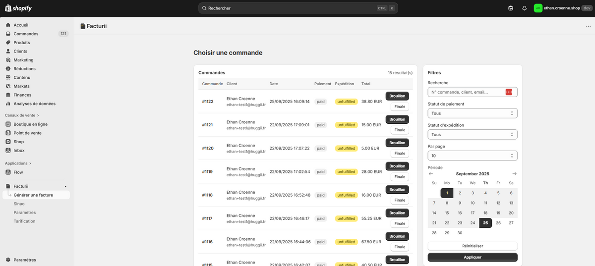 Interface de génération d'une facture dans Facturii